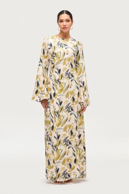 Cotton Linen Asymmetric Maxi Dress - Sage Watercolor